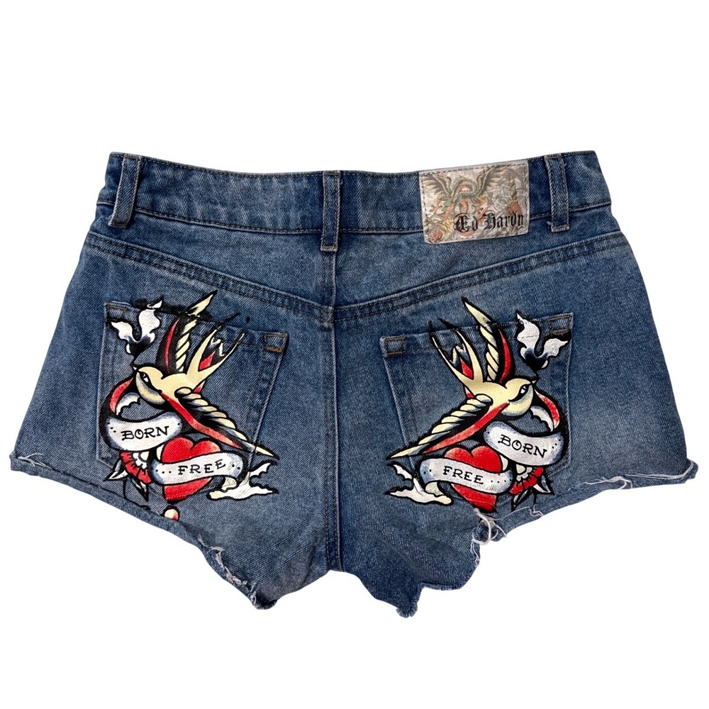 Ed Hardy Swallow Born Free denim shorts light wash archival graphics - 24